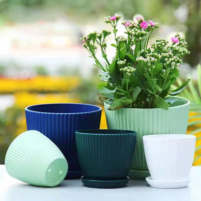 Plastic Planters Round Plant Pots with Tray Succulent Flowerpots Plants Garden Flower Nursery Pot Bedroom Office Flower Pot