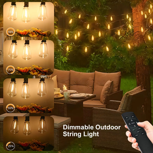 50FT ST38 Solar String Lights, 2700K Warm White, Black Wire, E12, Solar Powered with Remote, Waterproof Outdoor Patio Lights