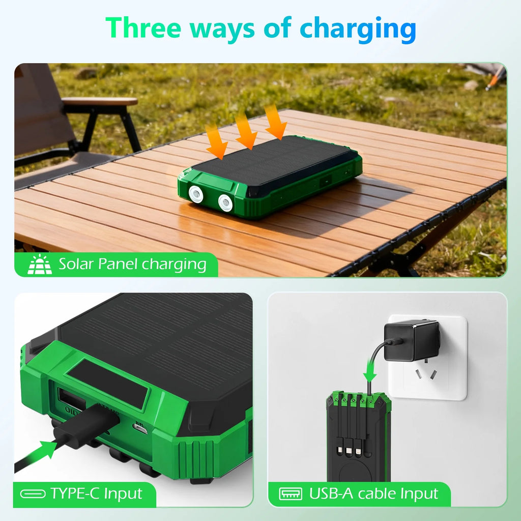 20000mAh Portable Solar Power Bank Wireless Charging 18W Dual LED Lights 4 Built-in Charging for iPhone Android Phones AirPods