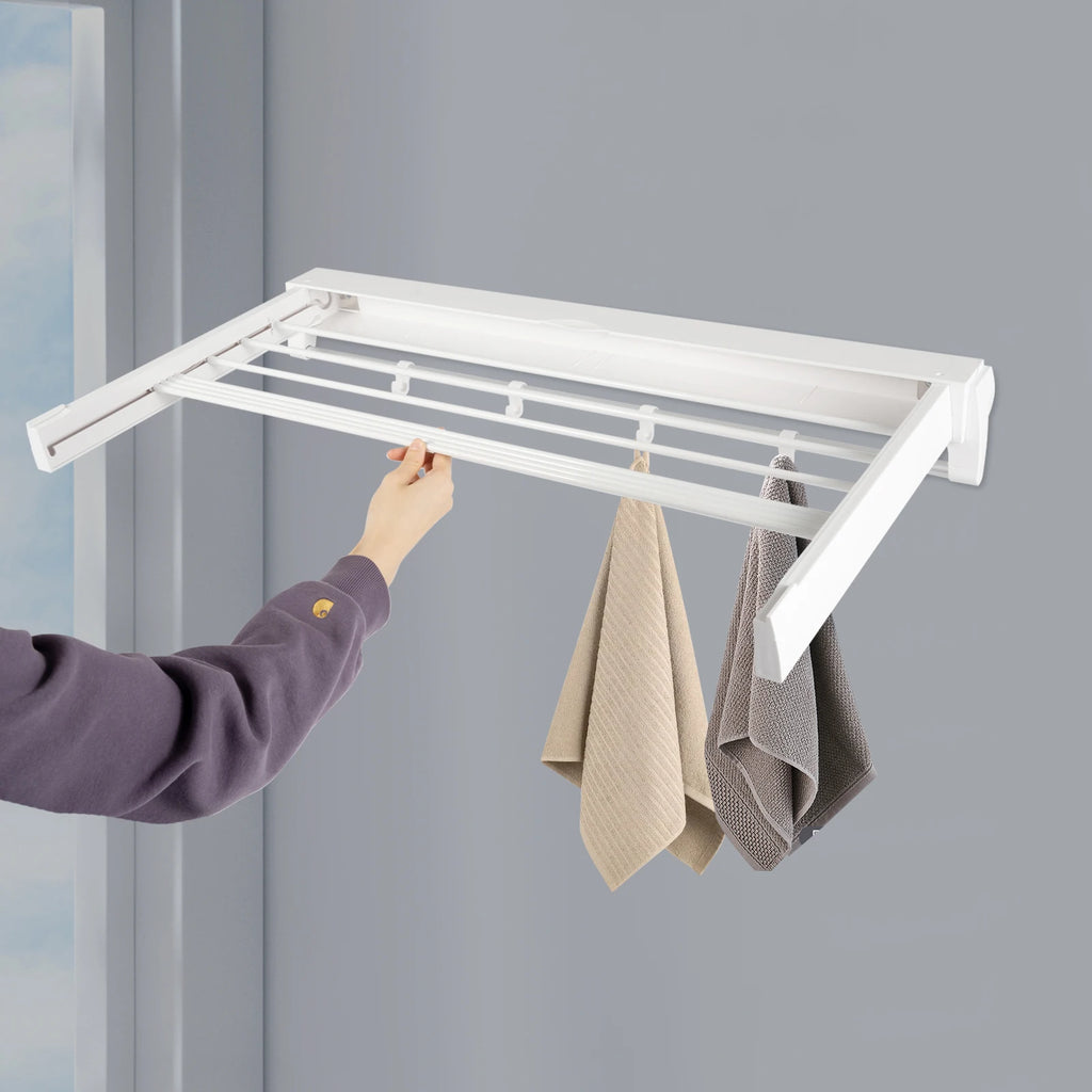 Retractable Clothes Drying Rack Wall Mounted Aluminum Clothing Hanging Rack with 4 Moveable Hooks & ABS Drying Rack Lids