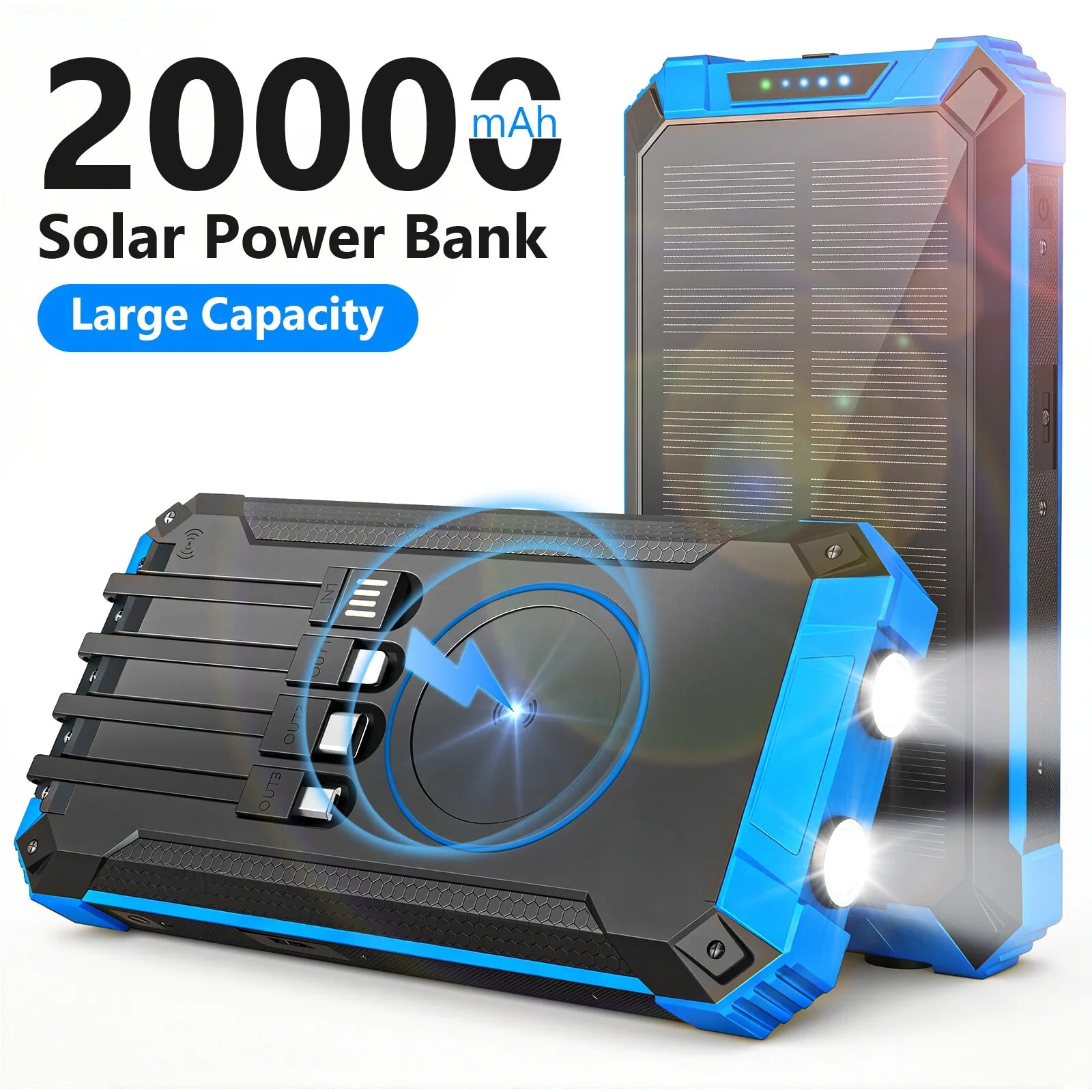 20000mAh Portable Solar Power Bank Wireless Charging 18W Dual LED Lights 4 Built-in Charging for iPhone Android Phones AirPods