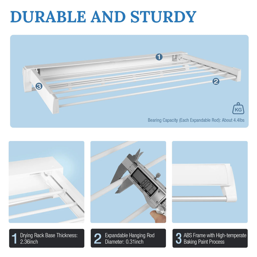 Retractable Clothes Drying Rack Wall Mounted Aluminum Clothing Hanging Rack with 4 Moveable Hooks & ABS Drying Rack Lids