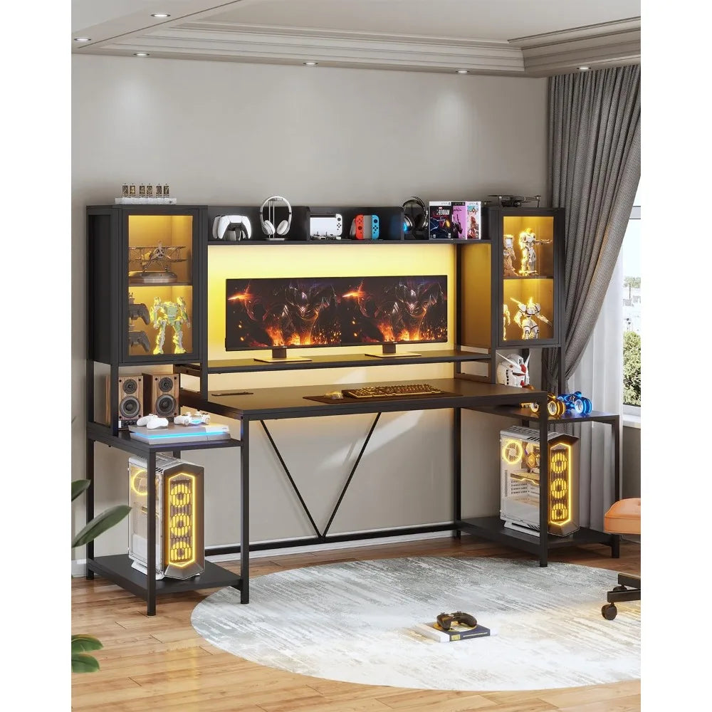 Gaming Desk 74.8'' with LED Lights, Hutch and Storage Shelves, Computer Desk with Monitor Stand, Large PC Gamer, Customized