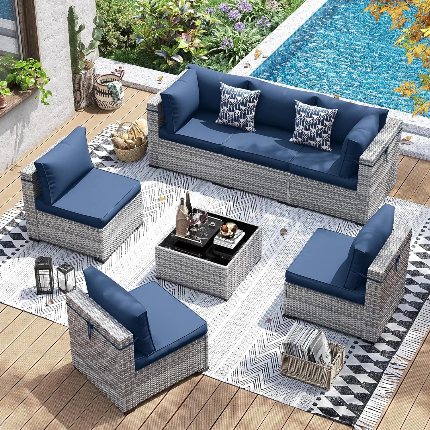 Patio Furniture Set, 7 Pieces PE Wicker Sectional Sofa with Tea Table, Outdoor Conversation Set for Patio, Garden,, Customized