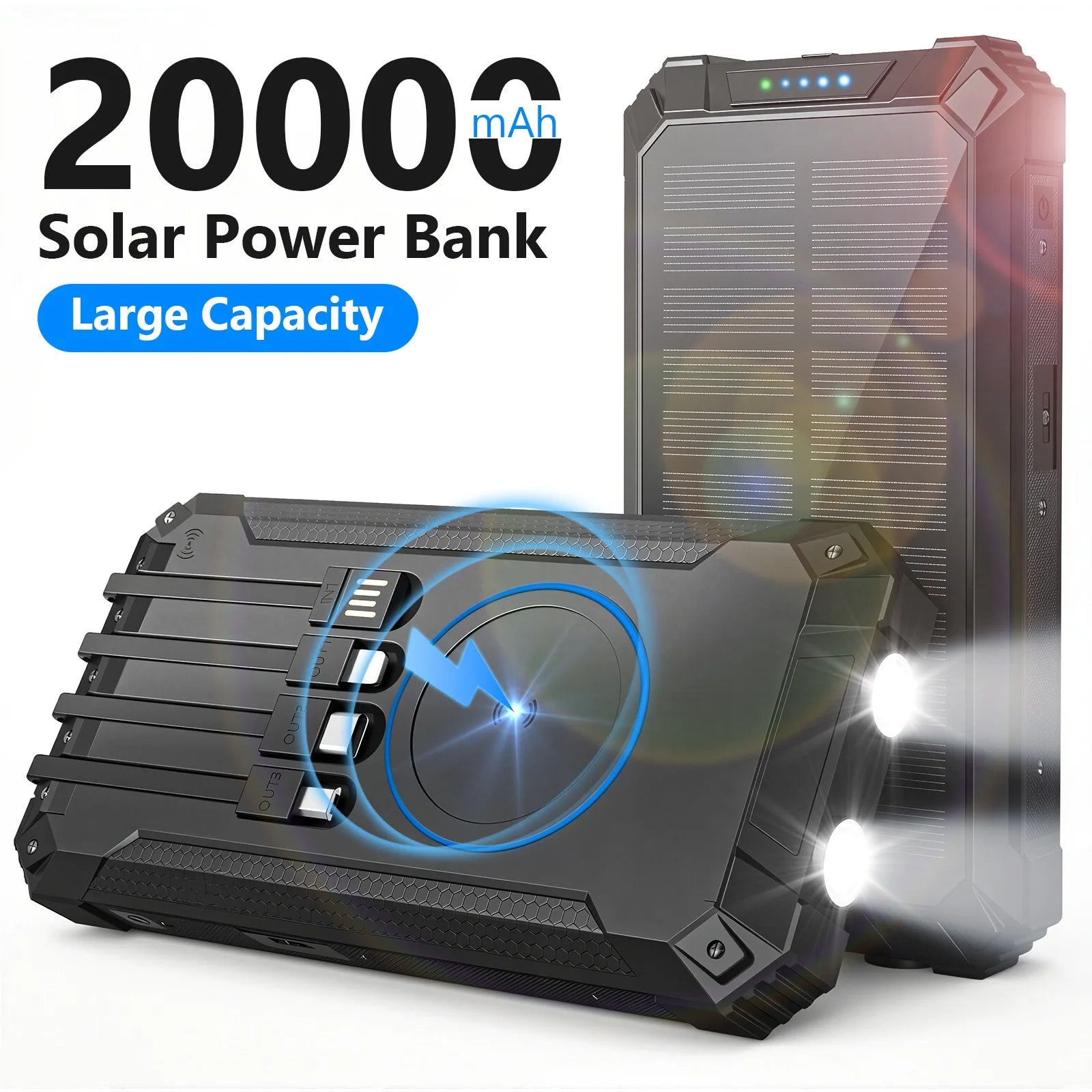 20000mAh Portable Solar Power Bank Wireless Charging 18W Dual LED Lights 4 Built-in Charging for iPhone Android Phones AirPods