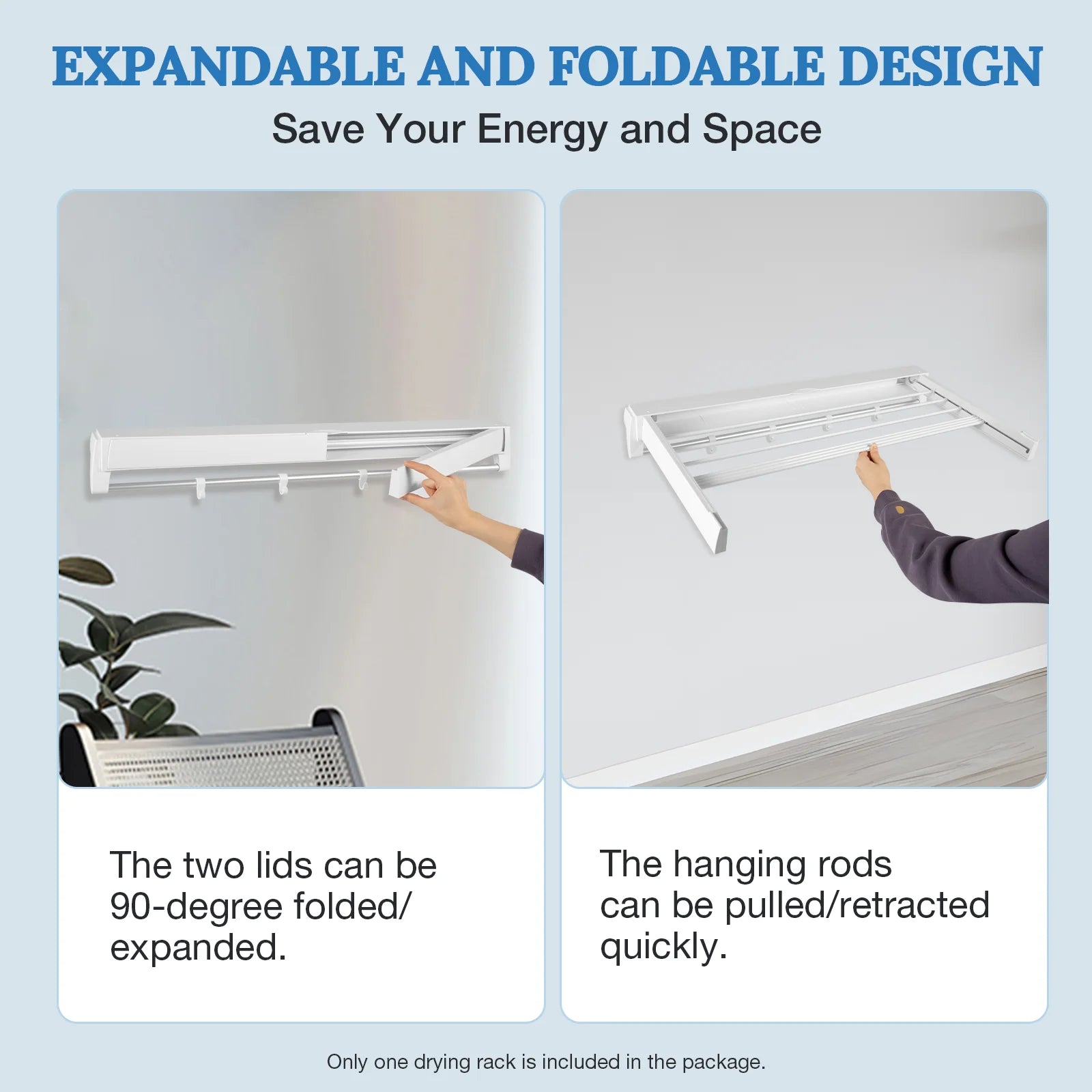 Retractable Clothes Drying Rack Wall Mounted Aluminum Clothing Hanging Rack with 4 Moveable Hooks & ABS Drying Rack Lids