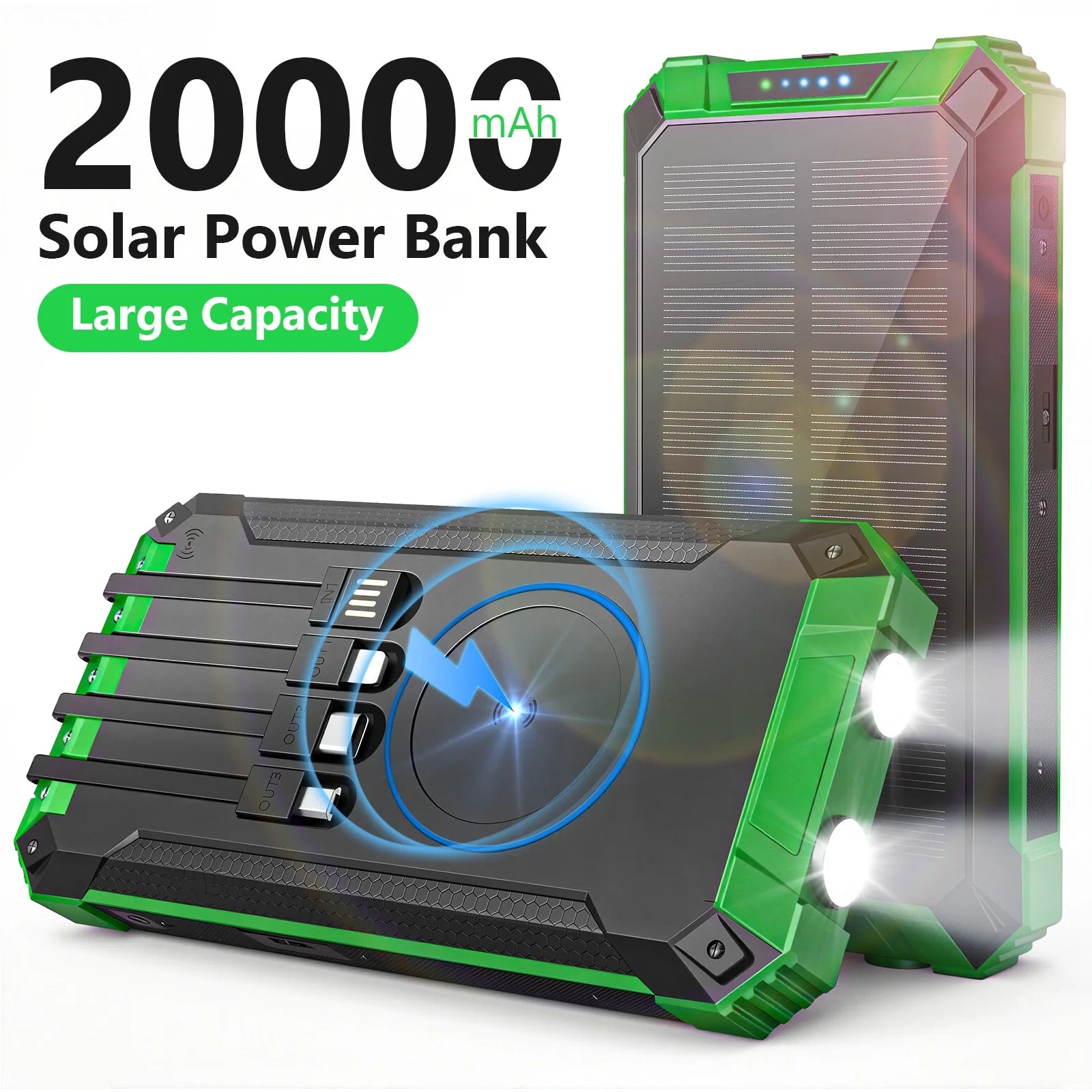 20000mAh Portable Solar Power Bank Wireless Charging 18W Dual LED Lights 4 Built-in Charging for iPhone Android Phones AirPods