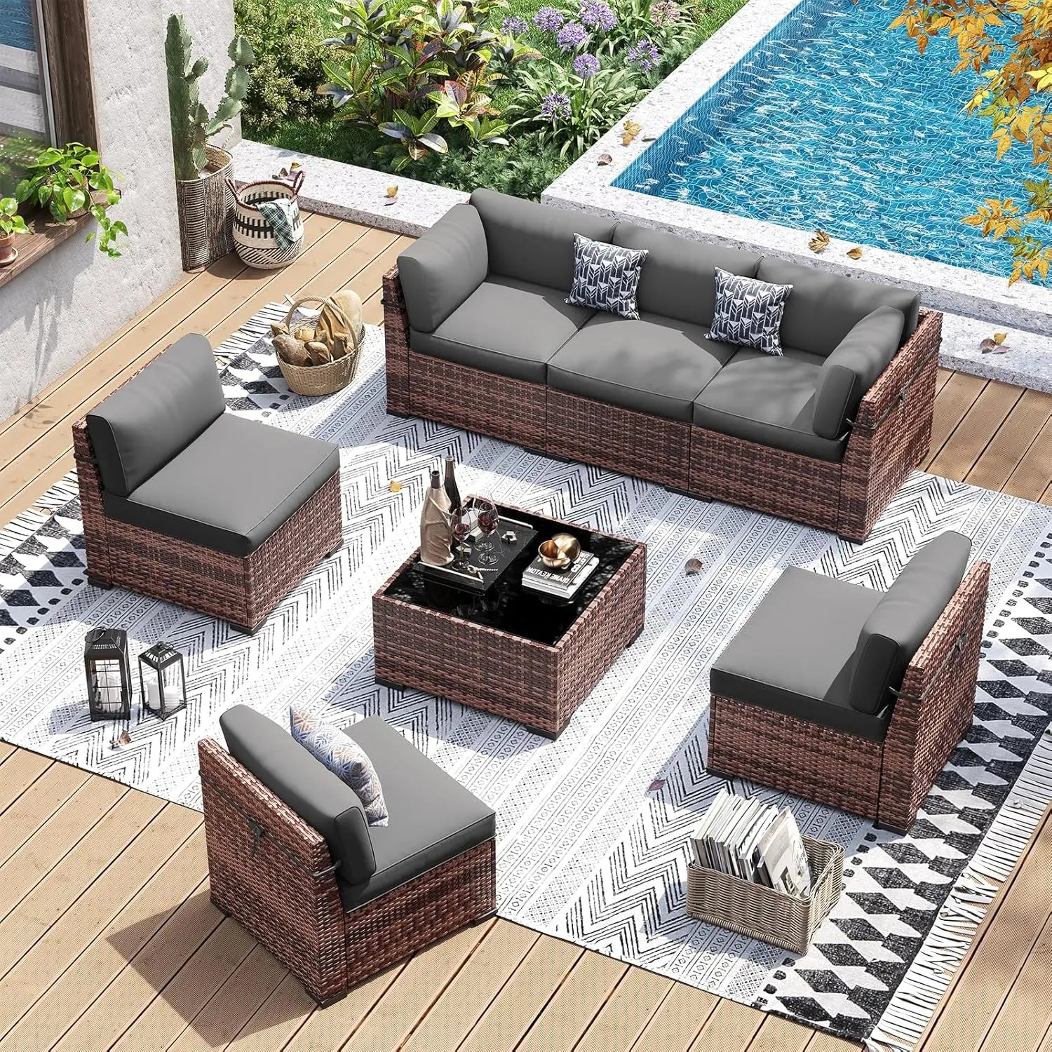 Patio Furniture Set, 7 Pieces PE Wicker Sectional Sofa with Tea Table, Outdoor Conversation Set for Patio, Garden,, Customized