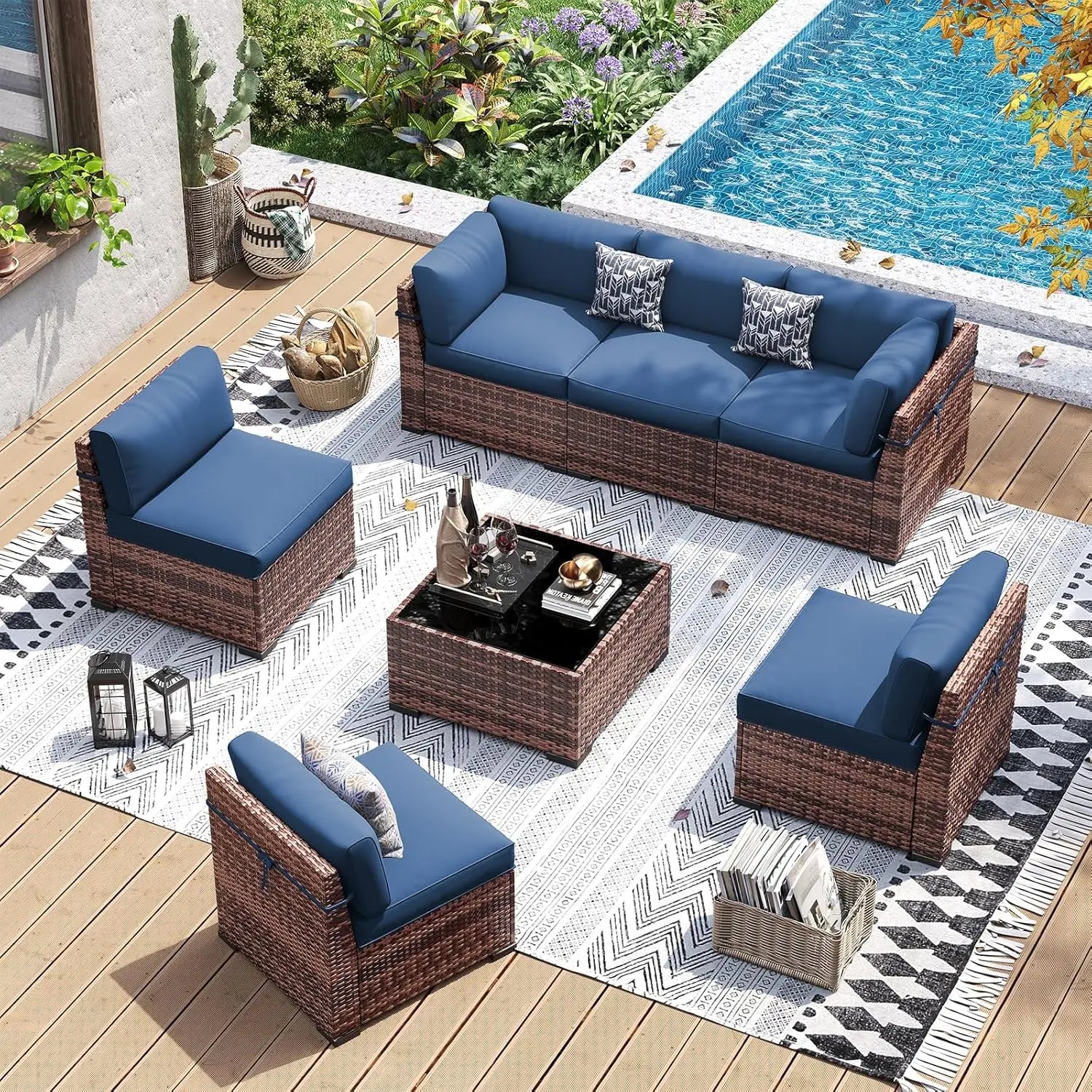 Patio Furniture Set, 7 Pieces PE Wicker Sectional Sofa with Tea Table, Outdoor Conversation Set for Patio, Garden,, Customized