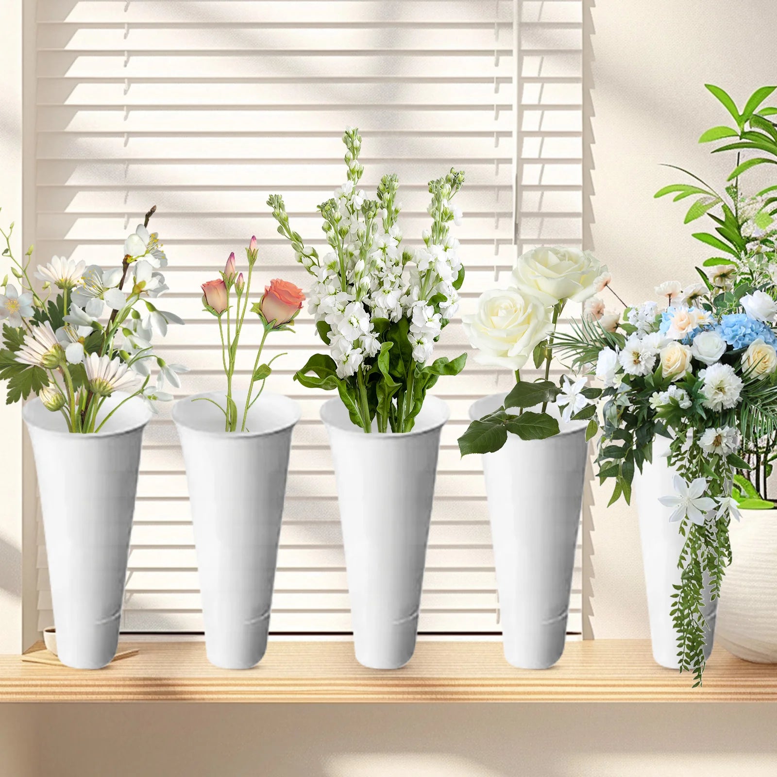 12PCS Flower Display Stand Buckets White Plastic Plant Stand Tapered Buckets Plant Planter for Balcony Garden(Not Include Rack)