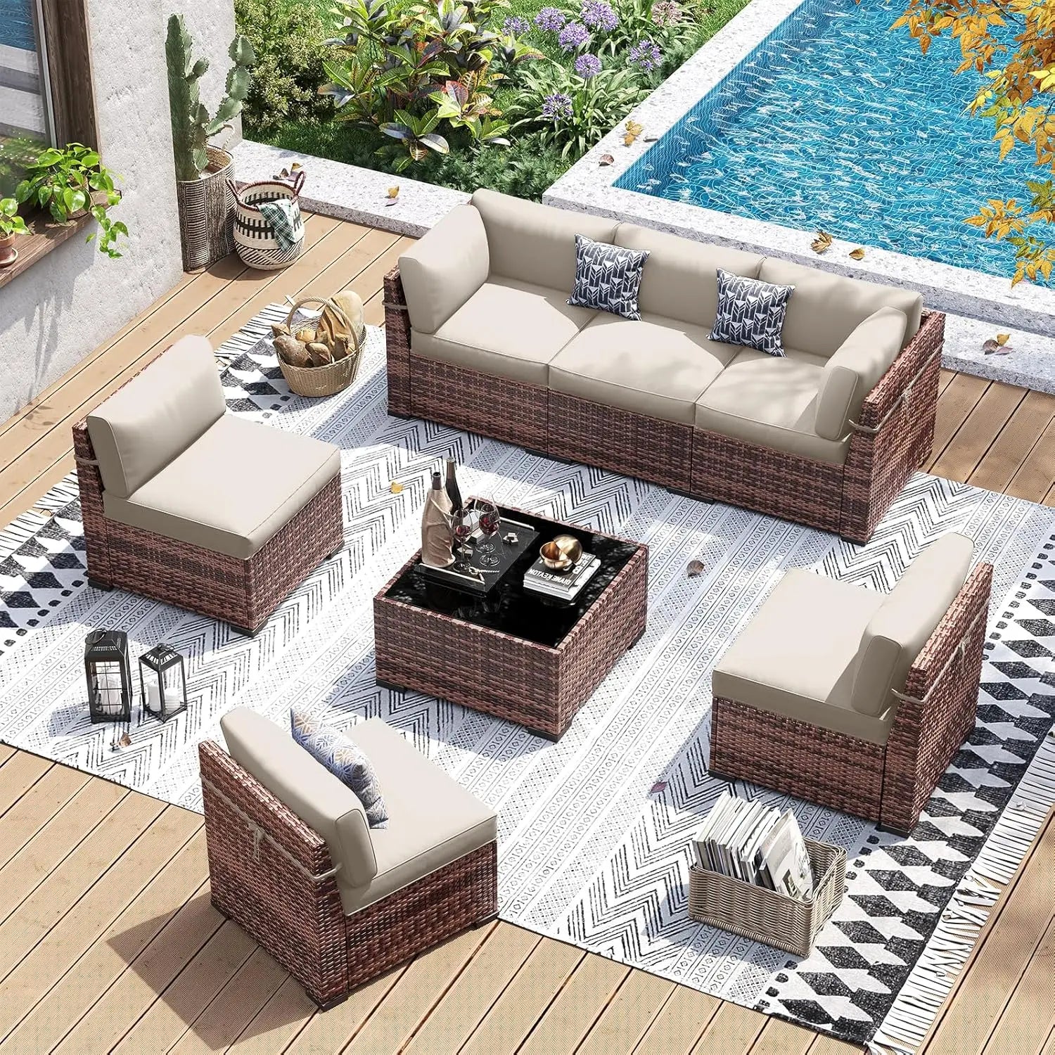 Patio Furniture Set, 7 Pieces PE Wicker Sectional Sofa with Tea Table, Outdoor Conversation Set for Patio, Garden,, Customized