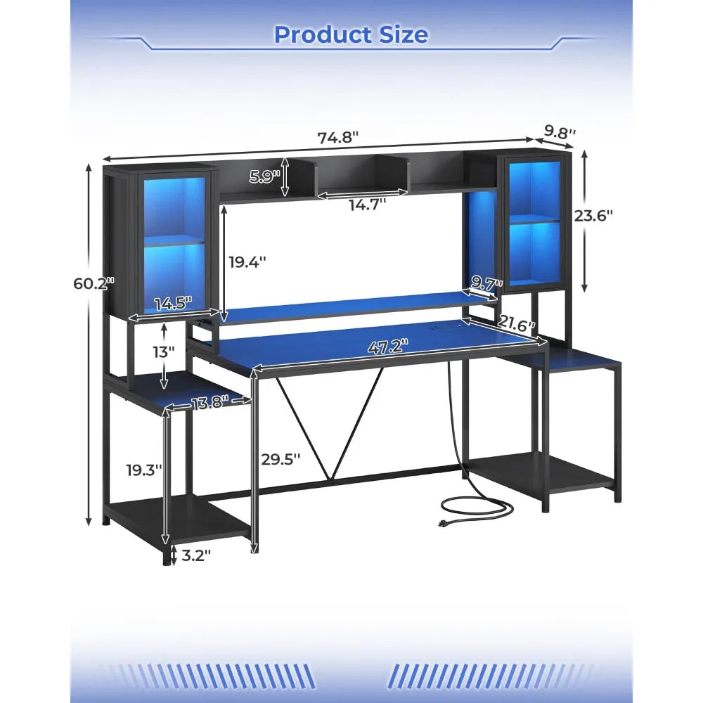 Gaming Desk 74.8'' with LED Lights, Hutch and Storage Shelves, Computer Desk with Monitor Stand, Large PC Gamer, Customized
