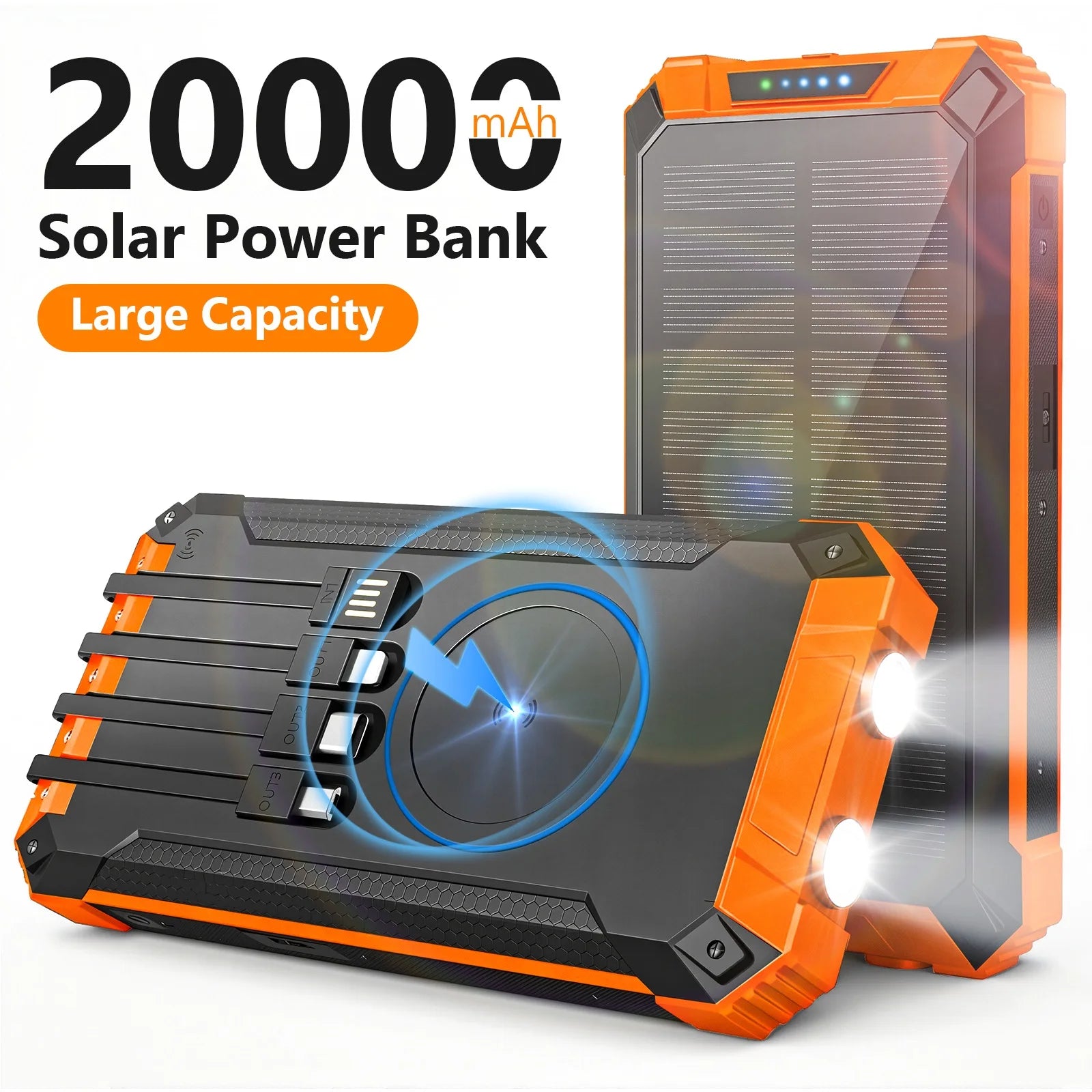 20000mAh Portable Solar Power Bank Wireless Charging 18W Dual LED Lights 4 Built-in Charging for iPhone Android Phones AirPods