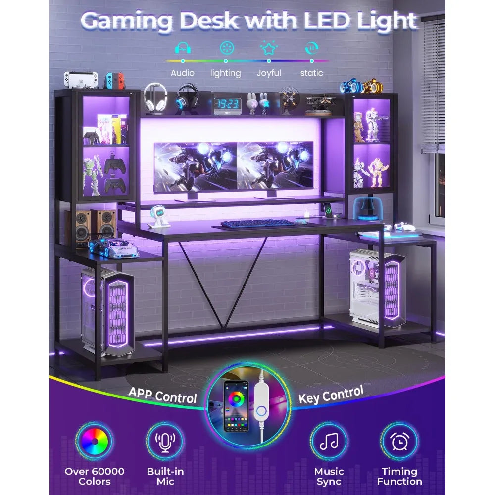Gaming Desk 74.8'' with LED Lights, Hutch and Storage Shelves, Computer Desk with Monitor Stand, Large PC Gamer, Customized