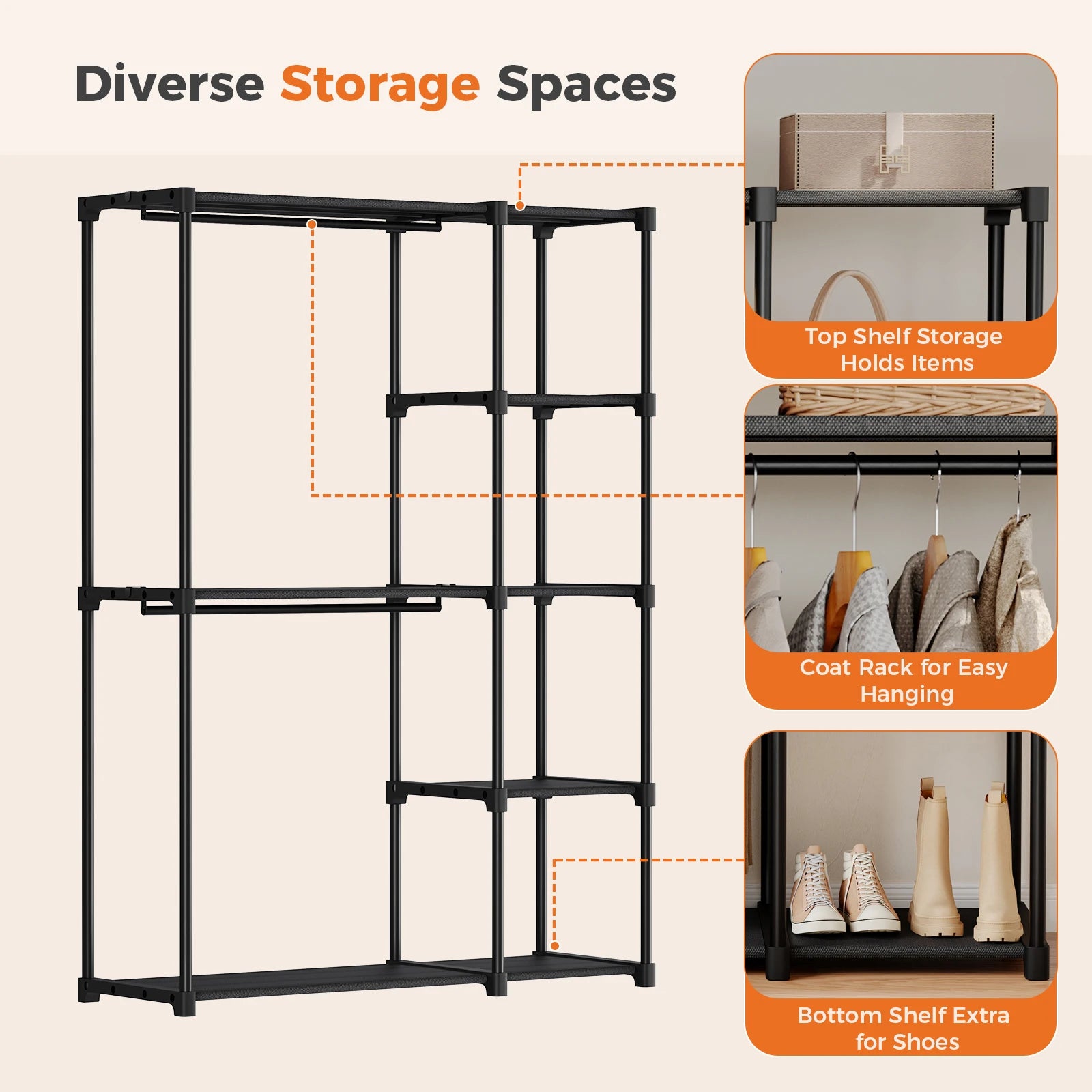 JHK 44IN to 49IN Portable Wardrobe Closet with Hanging Rods Clothing Rack with Shelves Mudroom Storage Organizer For Home