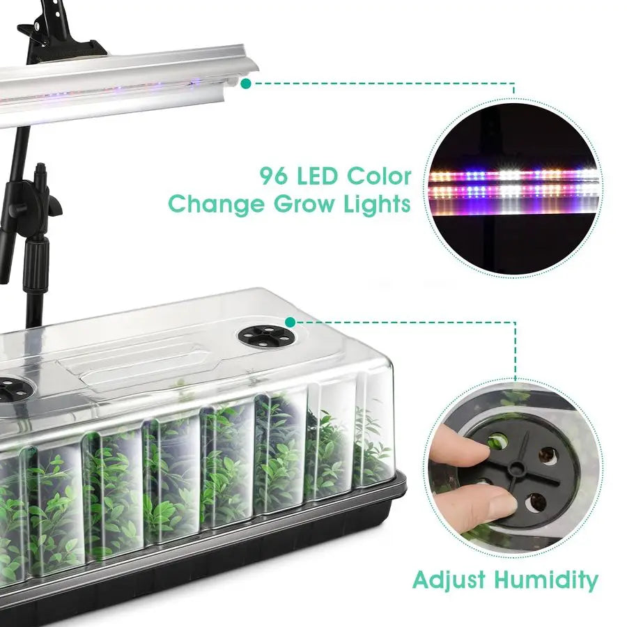 Seed Starter Tray, Seed Starter Kit with Grow Lights and Heat Mat, Indoor Seedling Trays Kit, 5.9 inch High Humidity Dome, 96 LE