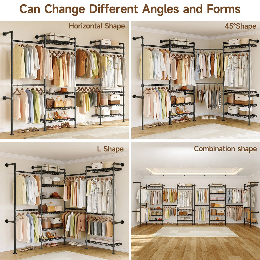 L4 Wall Mounted Industrial Pipe  Clothes Rack, Closet Organizer System with Rods Expandable, Clothing Rack, Corner Garment Rack