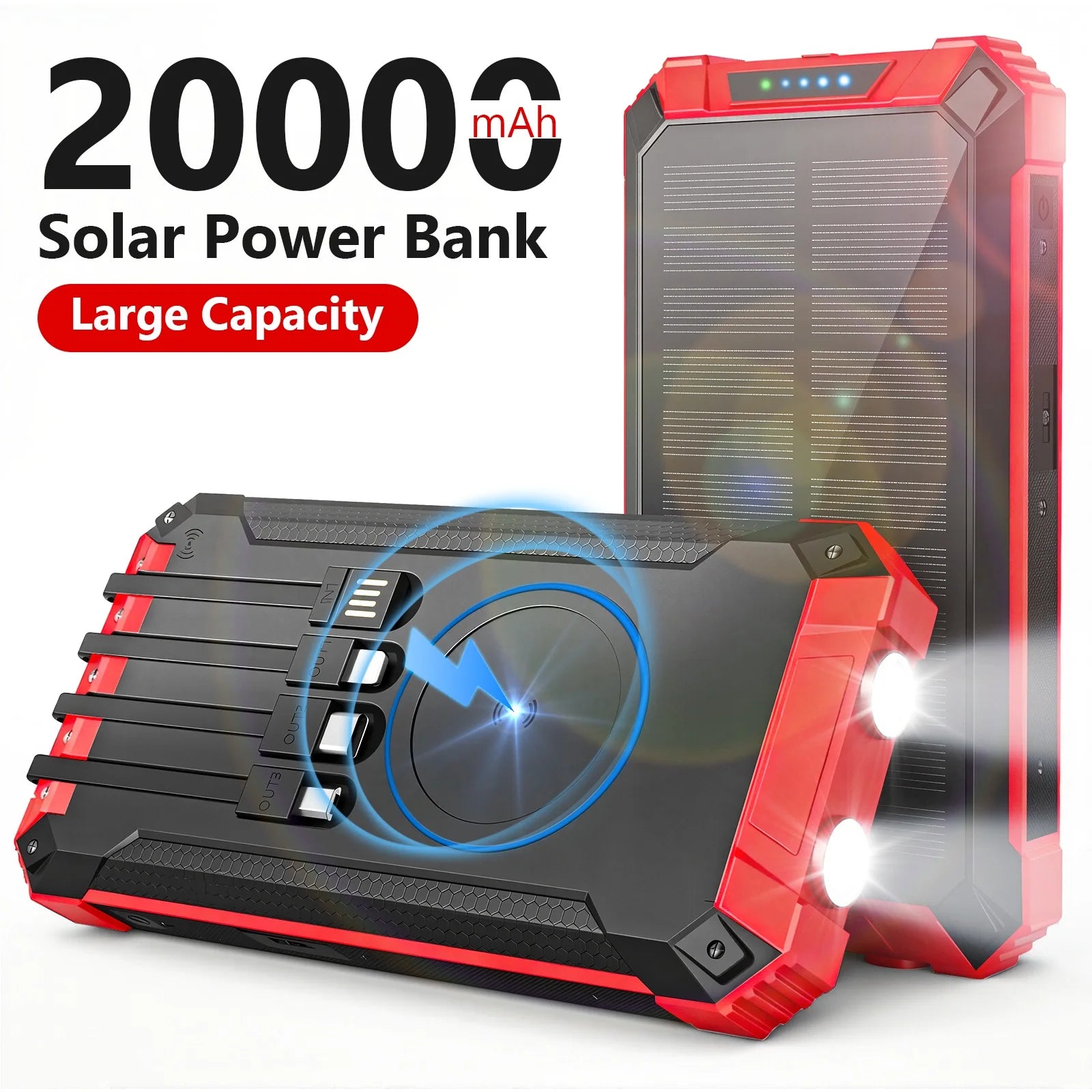 20000mAh Portable Solar Power Bank Wireless Charging 18W Dual LED Lights 4 Built-in Charging for iPhone Android Phones AirPods