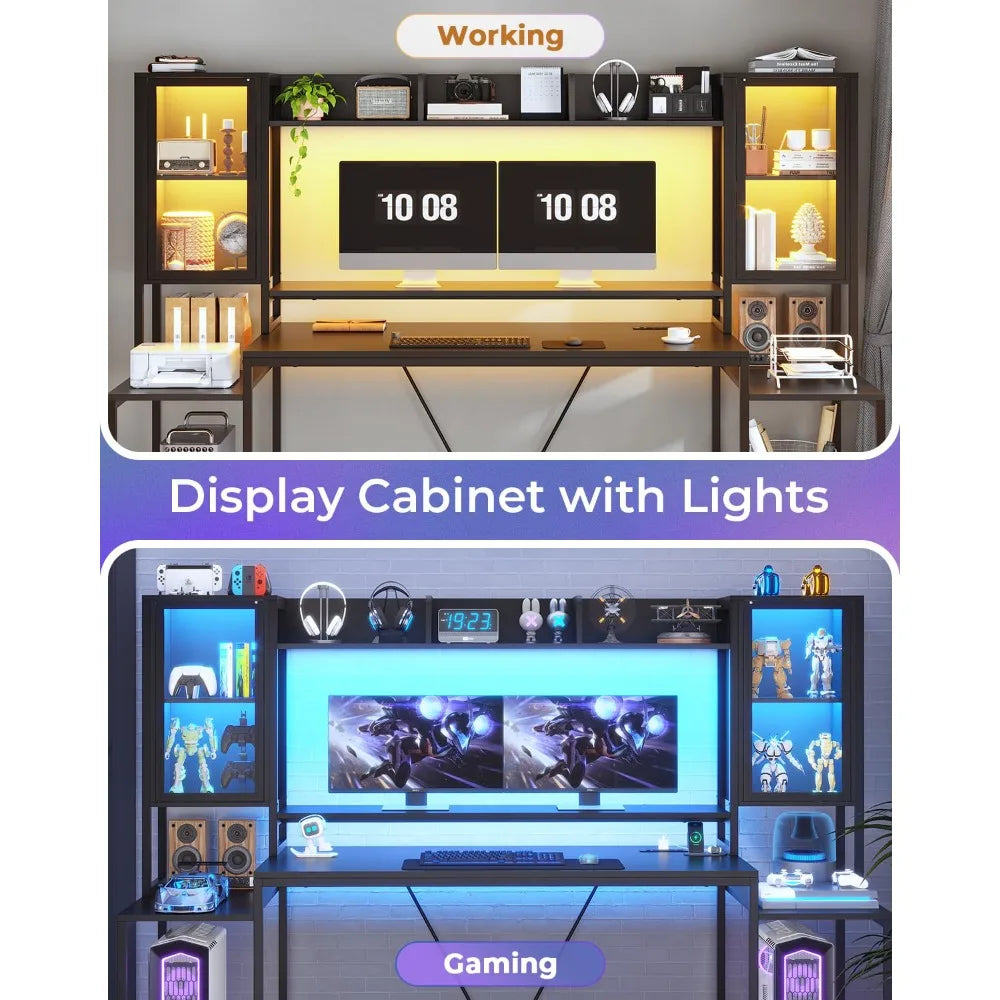Gaming Desk 74.8'' with LED Lights, Hutch and Storage Shelves, Computer Desk with Monitor Stand, Large PC Gamer, Customized