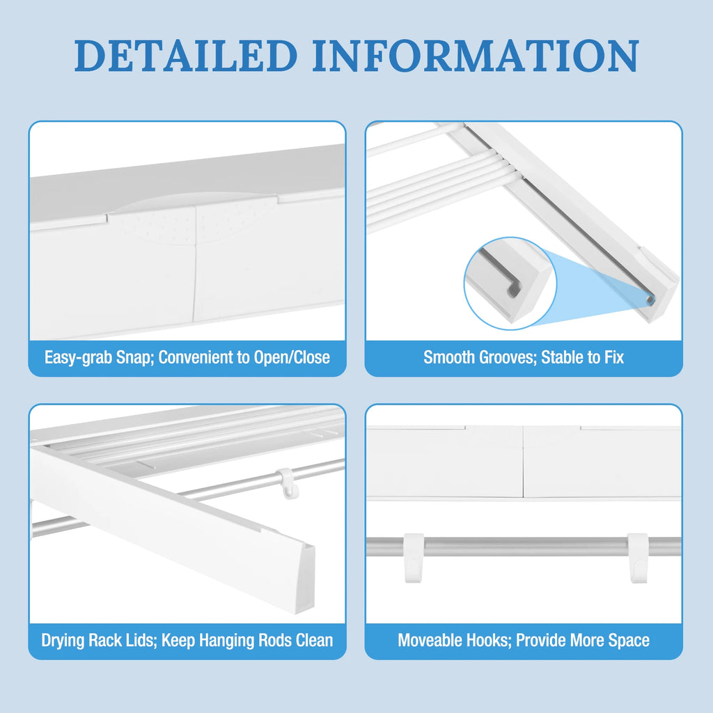 Retractable Clothes Drying Rack Wall Mounted Aluminum Clothing Hanging Rack with 4 Moveable Hooks & ABS Drying Rack Lids