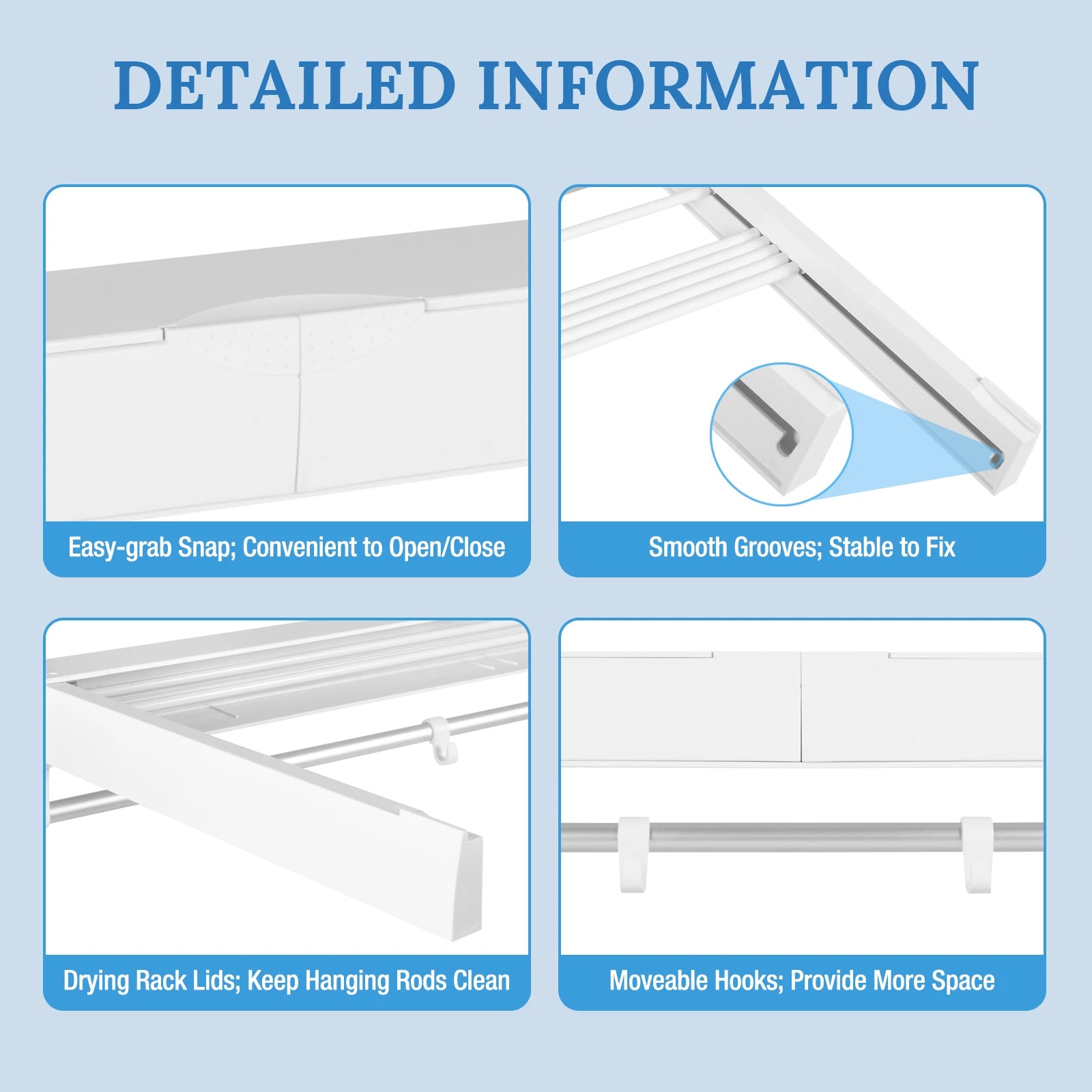Retractable Clothes Drying Rack Wall Mounted Aluminum Clothing Hanging Rack with 4 Moveable Hooks & ABS Drying Rack Lids
