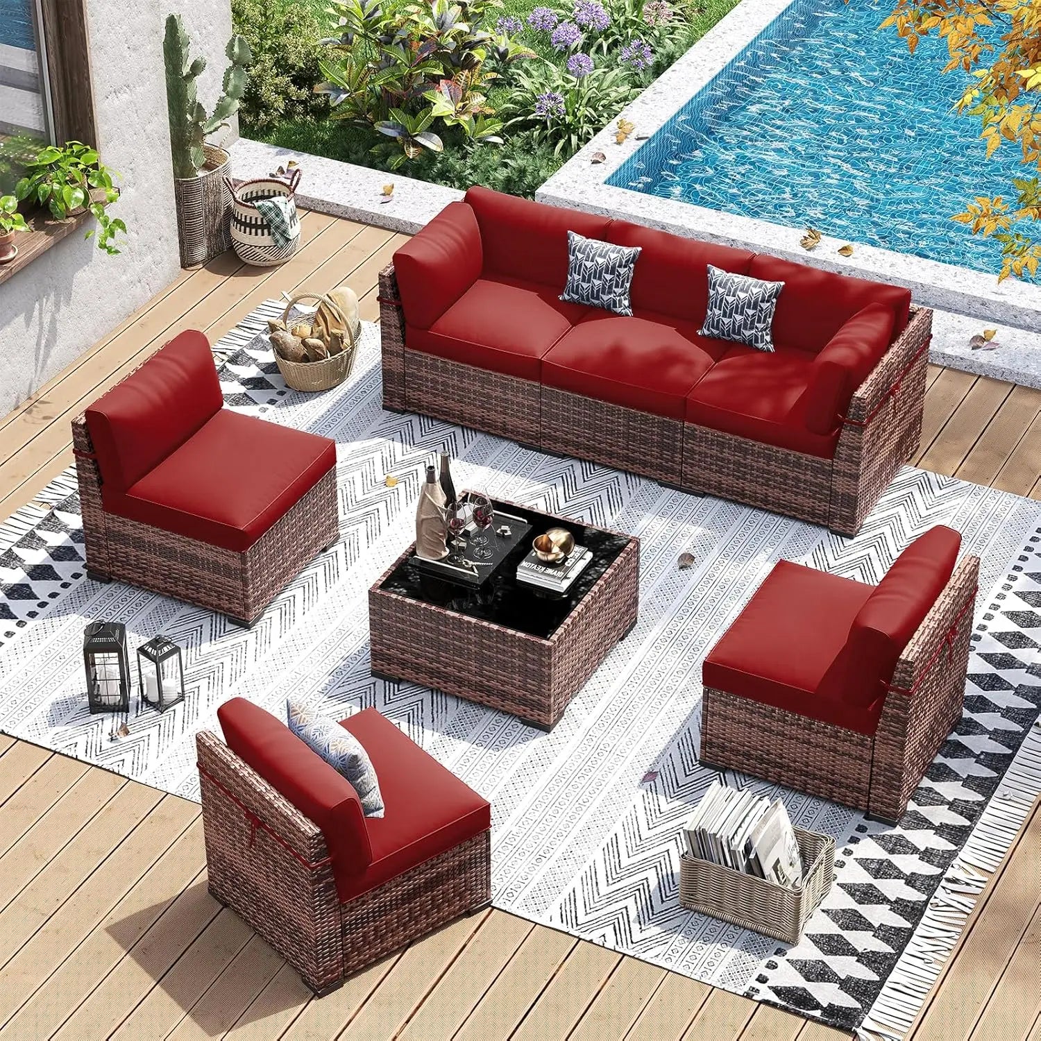 Patio Furniture Set, 7 Pieces PE Wicker Sectional Sofa with Tea Table, Outdoor Conversation Set for Patio, Garden,, Customized