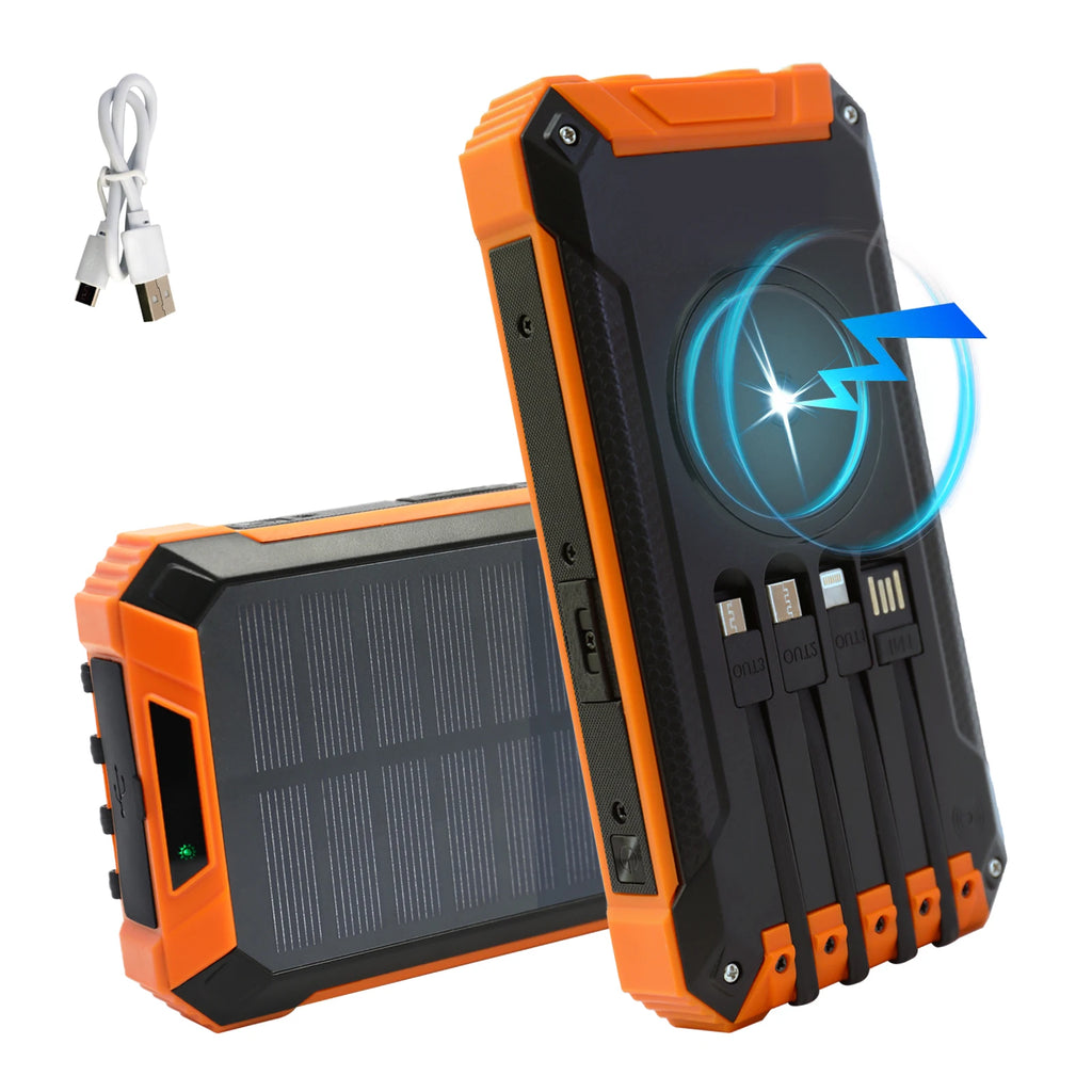 20000mAh Portable Solar Power Bank Wireless Charging 18W Dual LED Lights 4 Built-in Charging for iPhone Android Phones AirPods