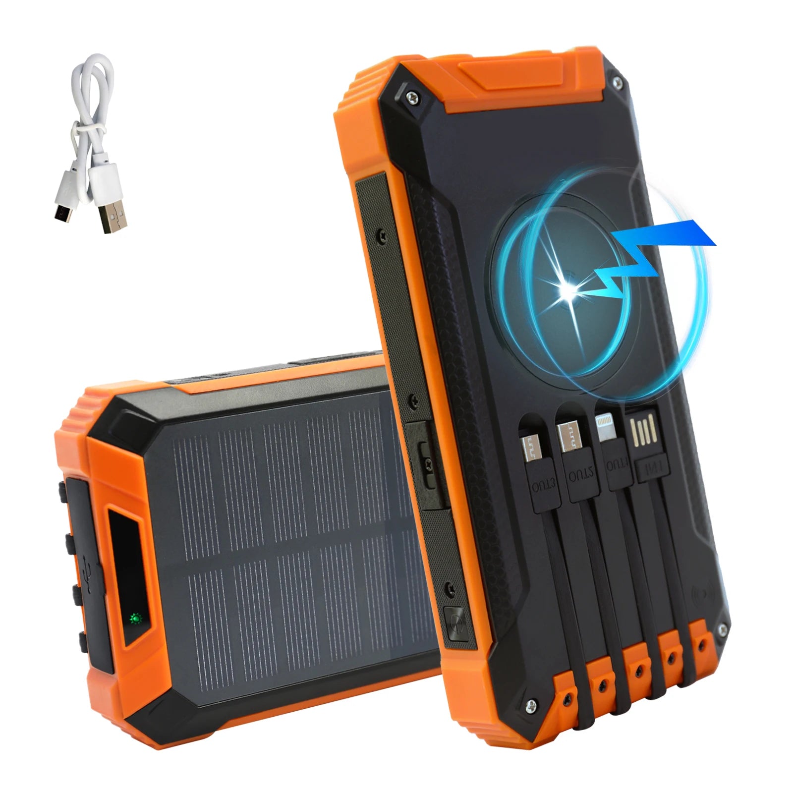 20000mAh Portable Solar Power Bank Wireless Charging 18W Dual LED Lights 4 Built-in Charging for iPhone Android Phones AirPods