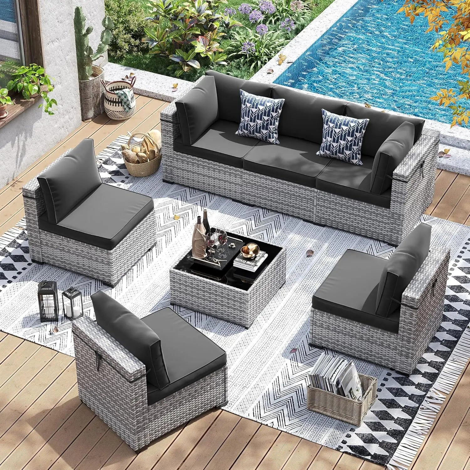 Patio Furniture Set, 7 Pieces PE Wicker Sectional Sofa with Tea Table, Outdoor Conversation Set for Patio, Garden,, Customized